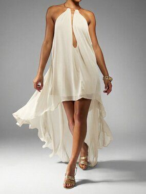 Cream Elegant Women's Halter Neck Asymmetrical High Low Chiffon Dress